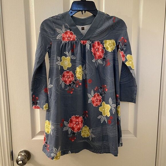 Tea Collection Japan Riko Trapeze Dress Blue Floral Girls Size 7 - Picture 1 of 9